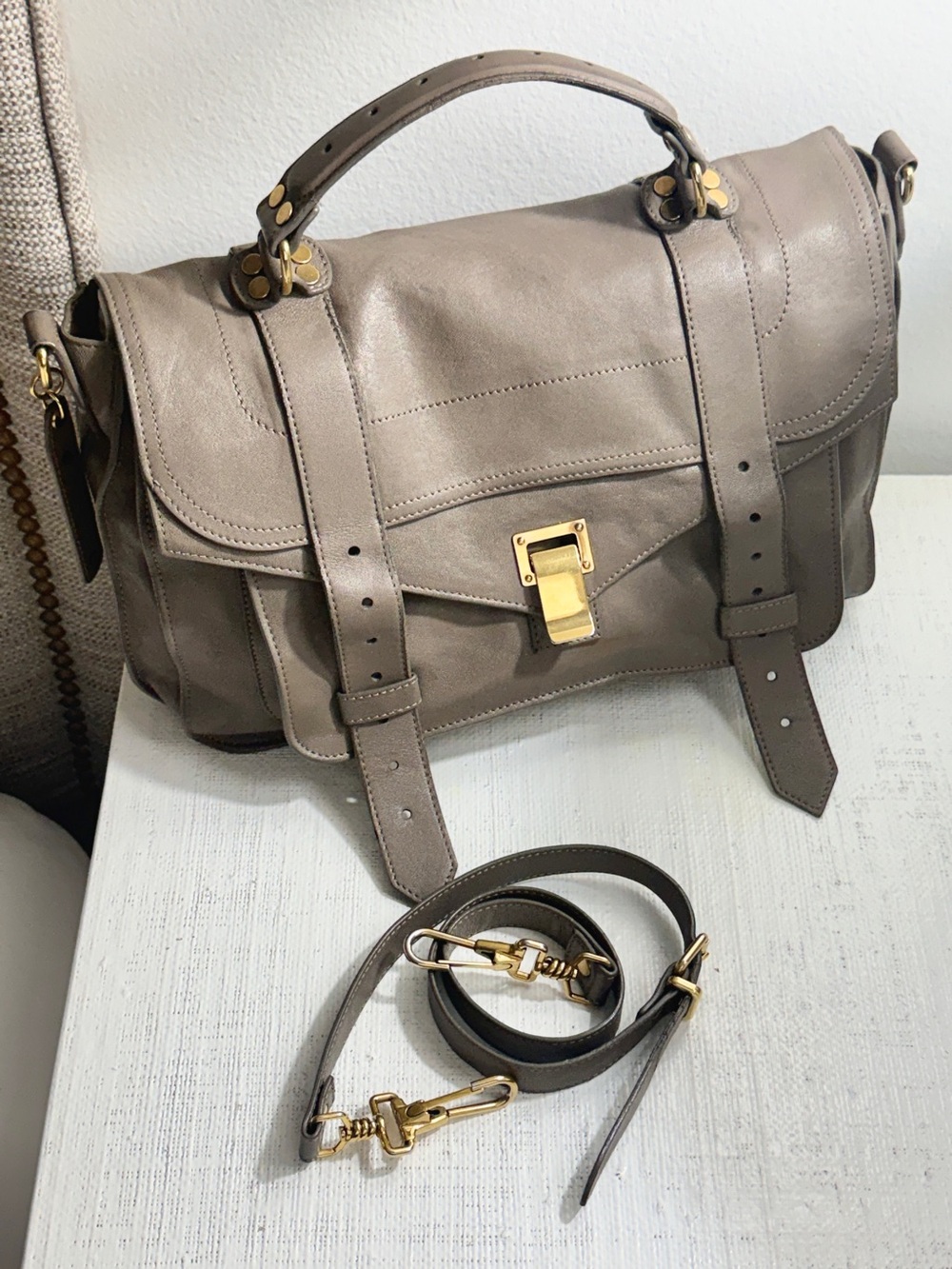 Proenza Schouler Medium PS1 Leather Satchel Bag Taupe Gray Gold Hardware